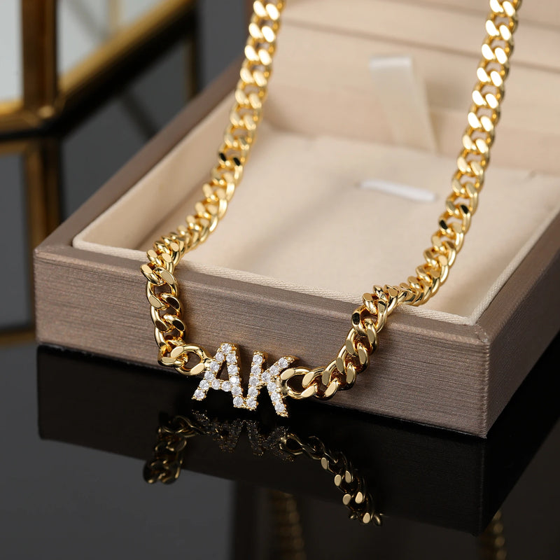 Zirconia Name Necklace Cuban Chain Personalized Letter Necklaces Women