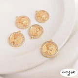 14K clad copper zircon coin Queen Head Round Pendant