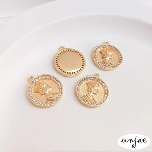 14K clad copper zircon coin Queen Head Round Pendant