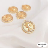 14K clad copper zircon coin Queen Head Round Pendant