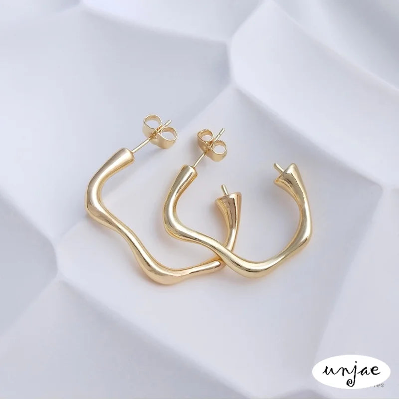 925 Silver Pin Earrings, 14K French Abstract Curve Earrings