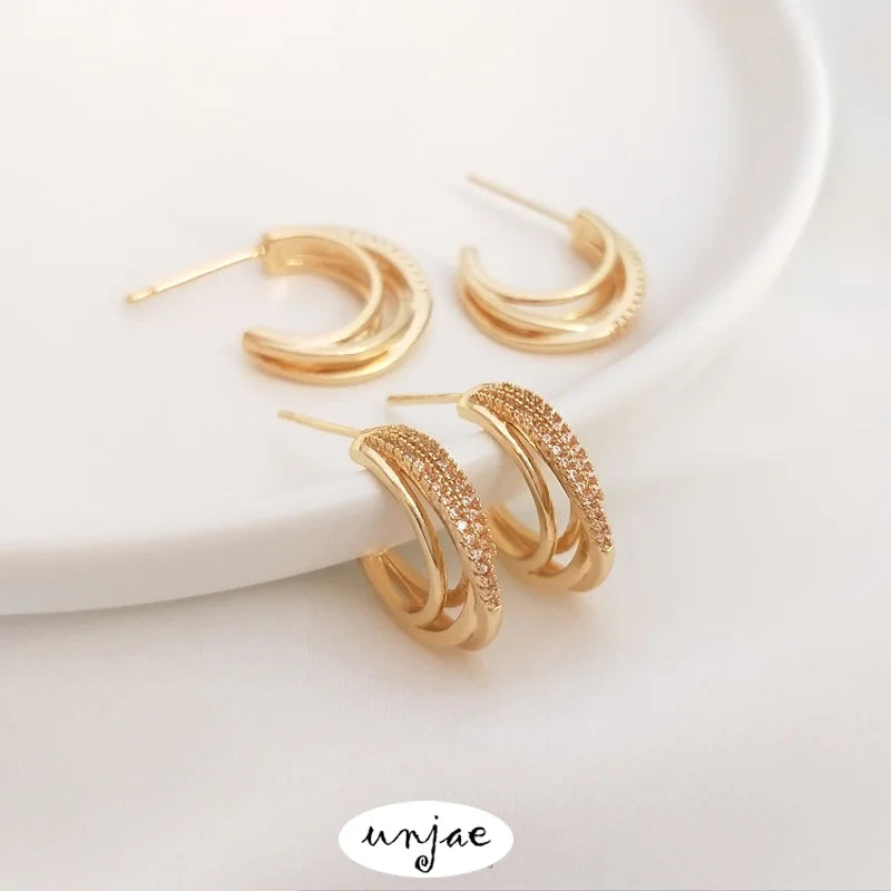 Micro Zircon C-Ring Earrings 14K S925 Silver Needle Feminine Earrings