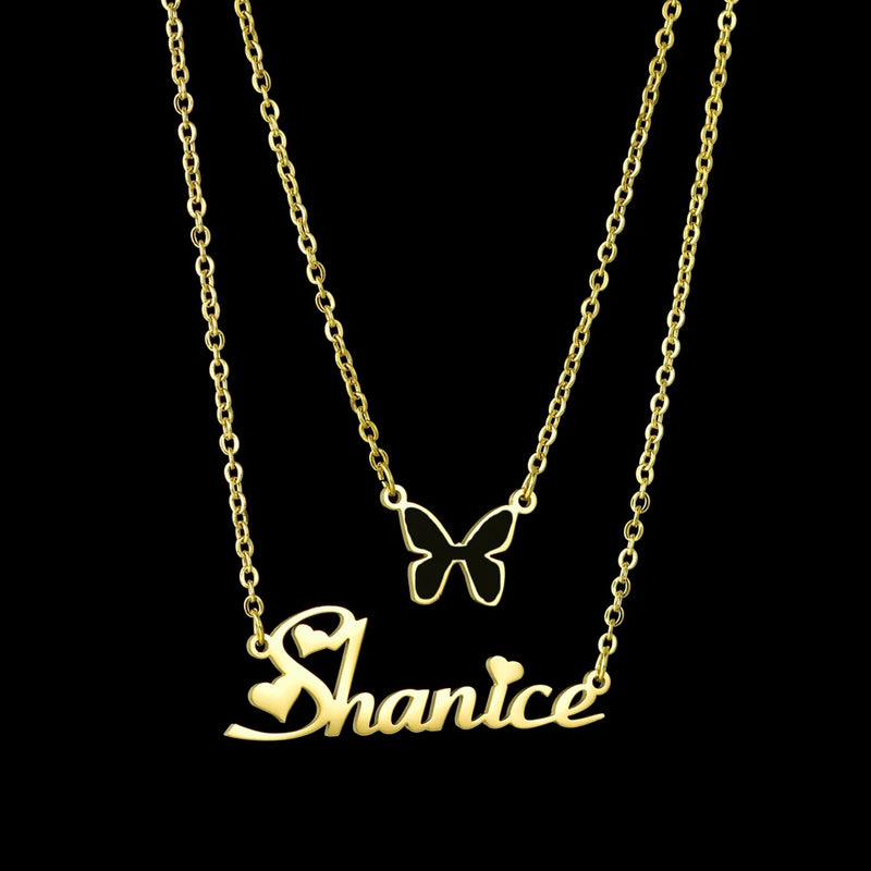 Custom Name Necklace Personalized Stainless Steel Butterfly Snow Double Necklace