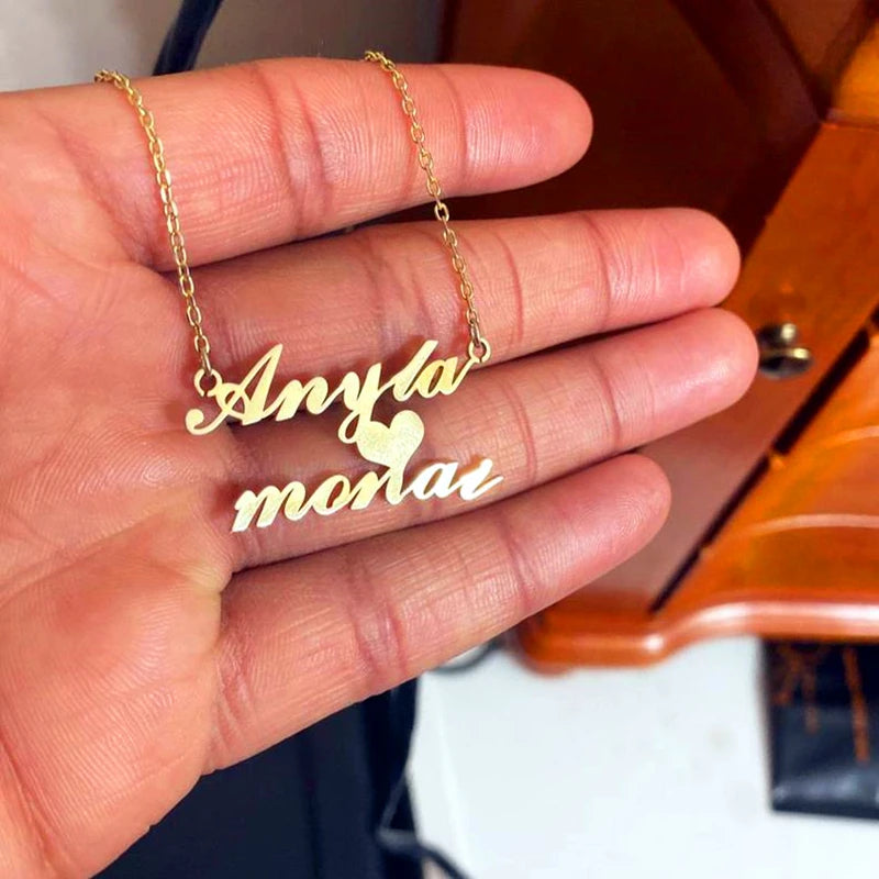 Custom Couple Name Necklace Stainless Steel Heart Nameplate Pendant
