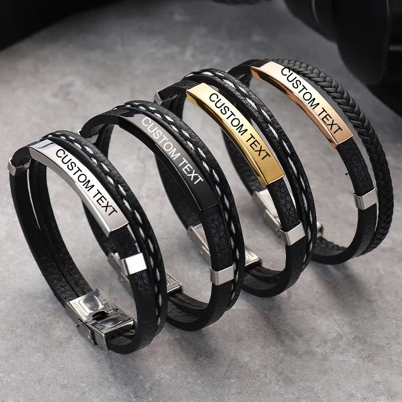 Personalized Layer Leather Bracelet for Men Engraved Stainless Steel