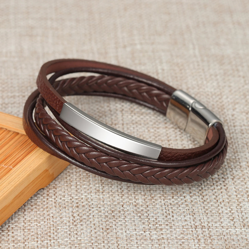 Personalized Men's Leather Bracelet Engraving Stainless Steel Classic Gift