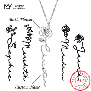Personalized Birth Flower Name Necklace - 925 Sterling Silver
