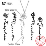 Personalized Birth Flower Name Necklace - 925 Sterling Silver