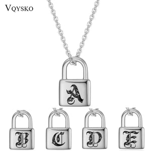 Engrave Padlock Letter Necklace Stainless Steel Initial A-Z Lock Pendant