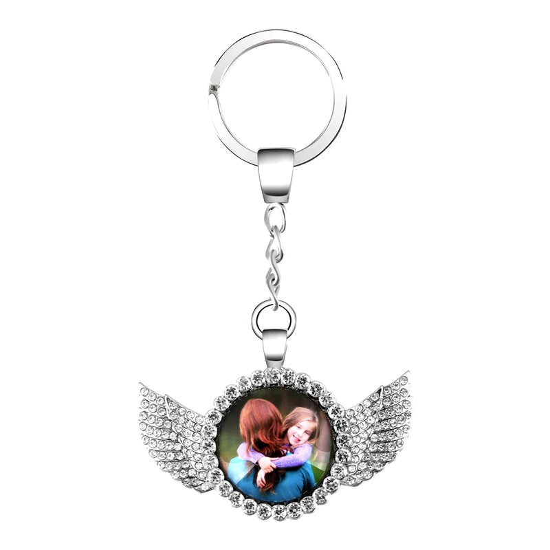 Personalized Memorial Photo Angel Wings Zircon Keychain