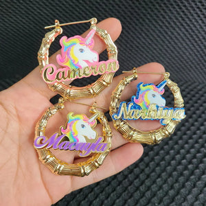 Personalized Unicorn Name Bamboo Hoop Earrings Statement Words Numbers C34