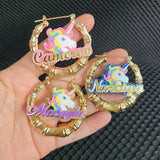Personalized Unicorn Name Bamboo Hoop Earrings Statement Words Numbers C34