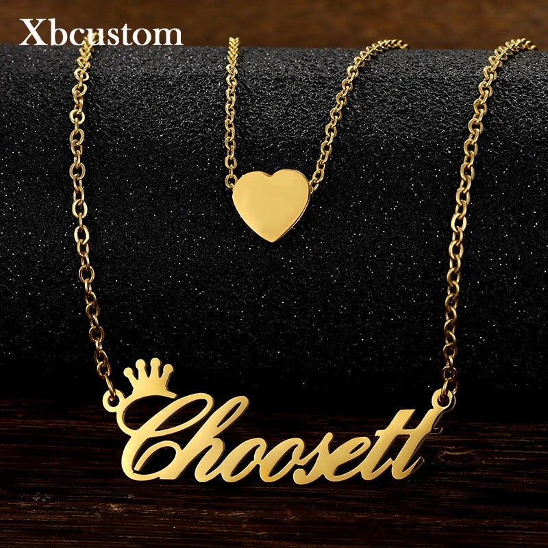 2 Layer Heart Name Necklace Personalized Stainless Steel Nameplate Necklaces