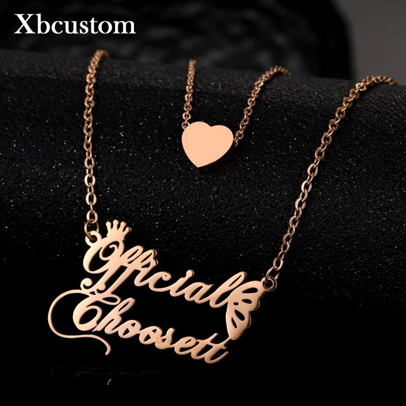 2 Names Necklace Stainless Steel Heart Choker Couple Jewelry Gift
