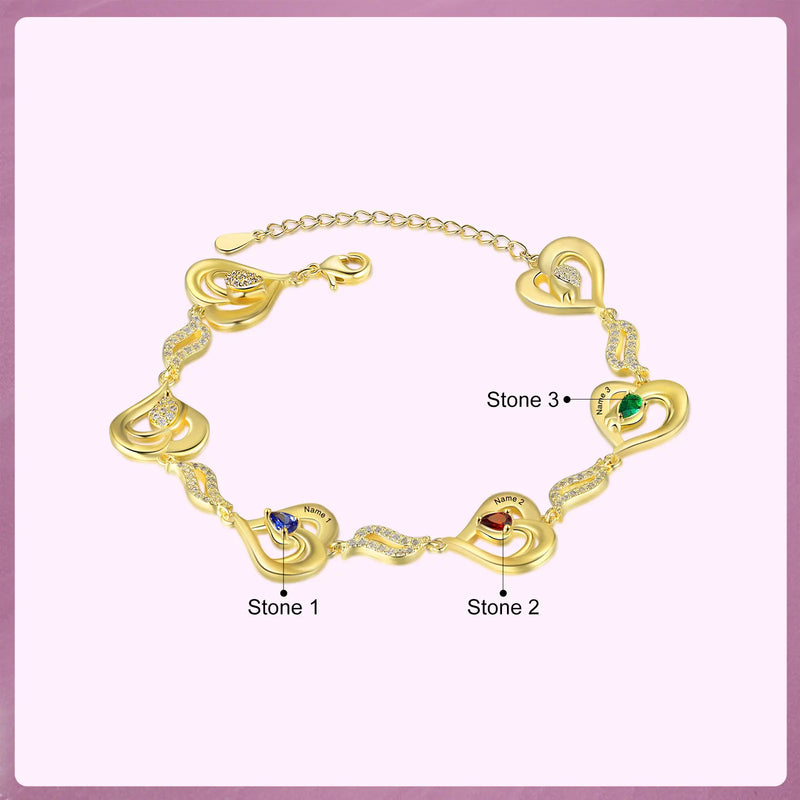 Personalized Heart Bracelet with Zircon, Engraved Name, Mother's Gift