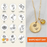 Birth Flower Name Necklace for Women Stainless Steel Round Pendant