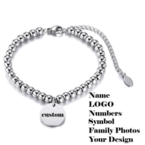 Personalized Stainless Steel Beads Bracelet Engrave Photo Name Charm Bangle