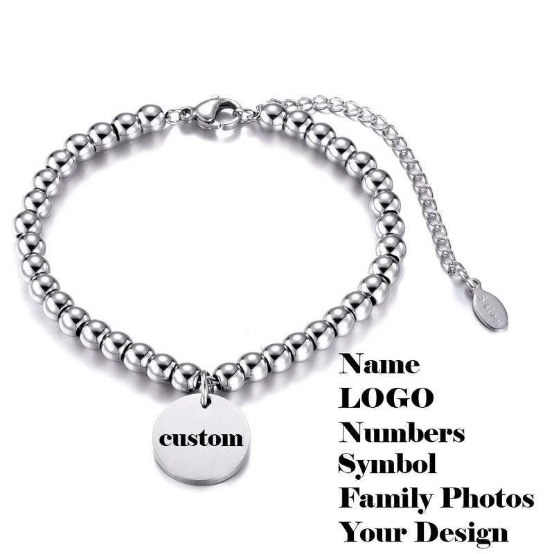Personalized Stainless Steel Beads Bracelet Engrave Photo Name Charm Bangle