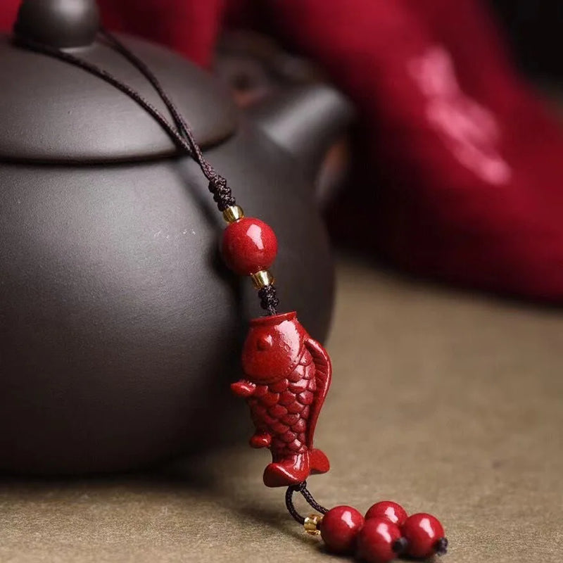 Cinnabar Goldfish Key Chain Carved Charm Amulet Red