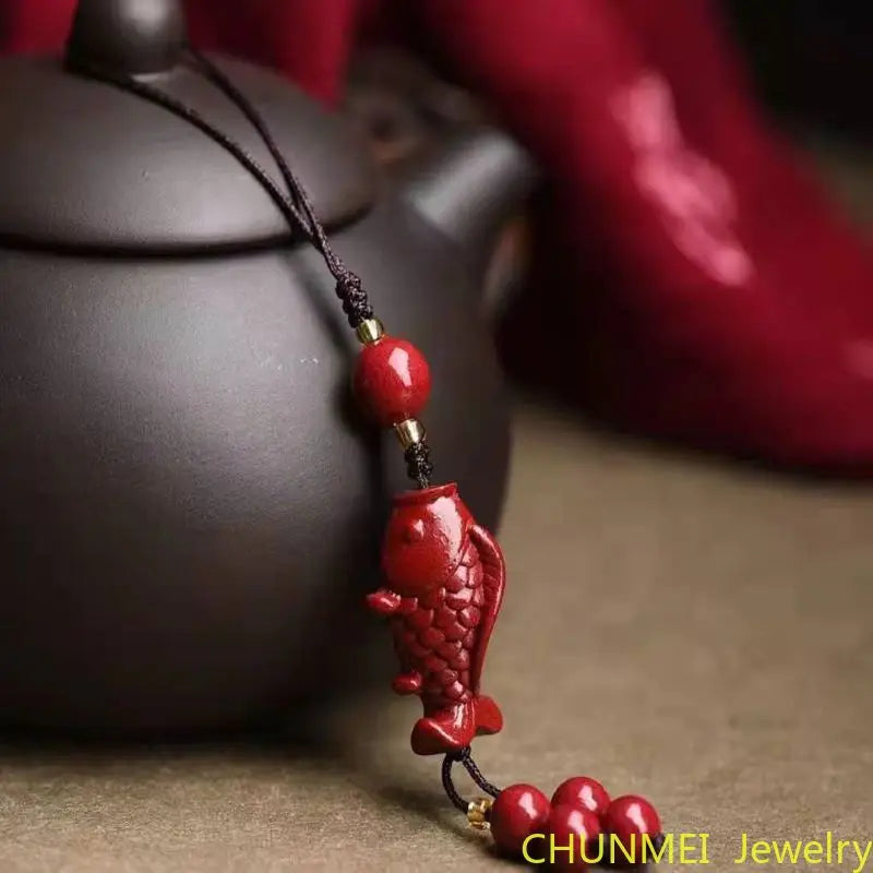 Cinnabar Goldfish Key Chain Chinese Charm Amulet Bag Buckle Pendant