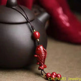 Cinnabar Goldfish Key Chain Chinese Charm Amulet Bag Buckle Pendant