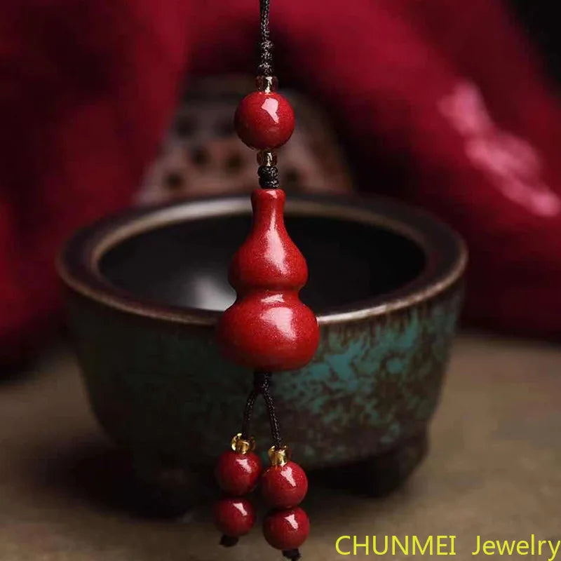 Cinnabar Gourd Key Chain Chinese Natural Charm Amulet Bag Buckle Pendant