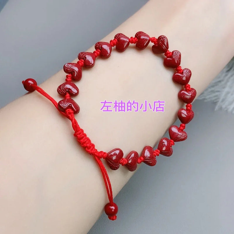 Cinnabar Jade Love Pendant Necklace Bracelet Chinese Hand-Carved Healing