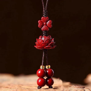 Cinnabar Lotus Key Chain Chinese Natural Charm Amulet Bag Buckle Pendant