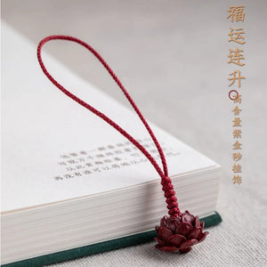 Cinnabar Lotus Key Chain Chinese Natural Charm Amulet Bag Buckle Pendant