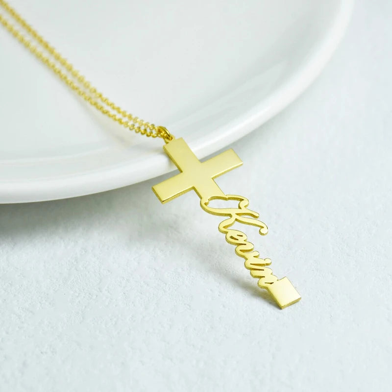 Cross Name Necklace Personalized Nameplate Jesus Christian Choker Necklace