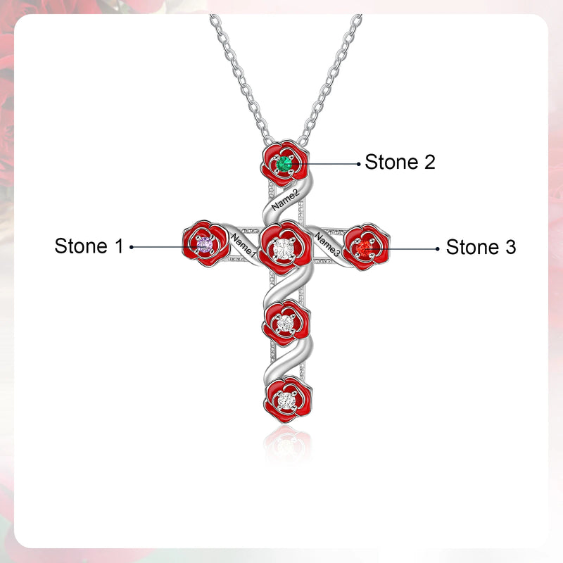 Personalized Rose Flower & Cross Name Necklace with Birthstone