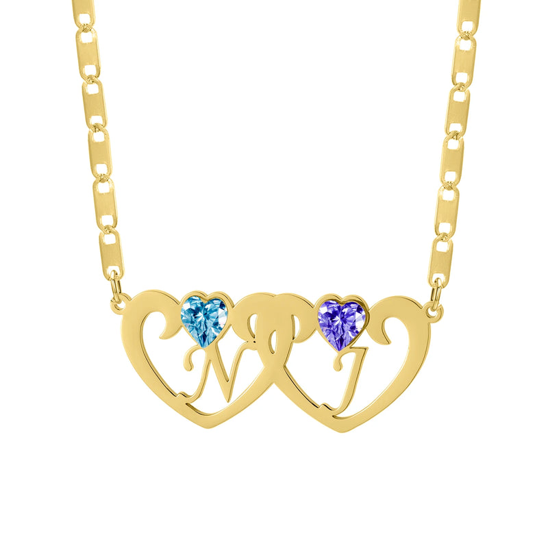 Double Heart Pendant Necklace 2 Birthstones Personalized Name Engraved Jewelry