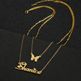 Double Layers Name Necklace Heart Butterfly Birthstone Zircon Pendant