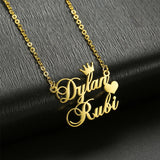 Custom Stainless Steel Double Name Heart Necklace with Crown for Women