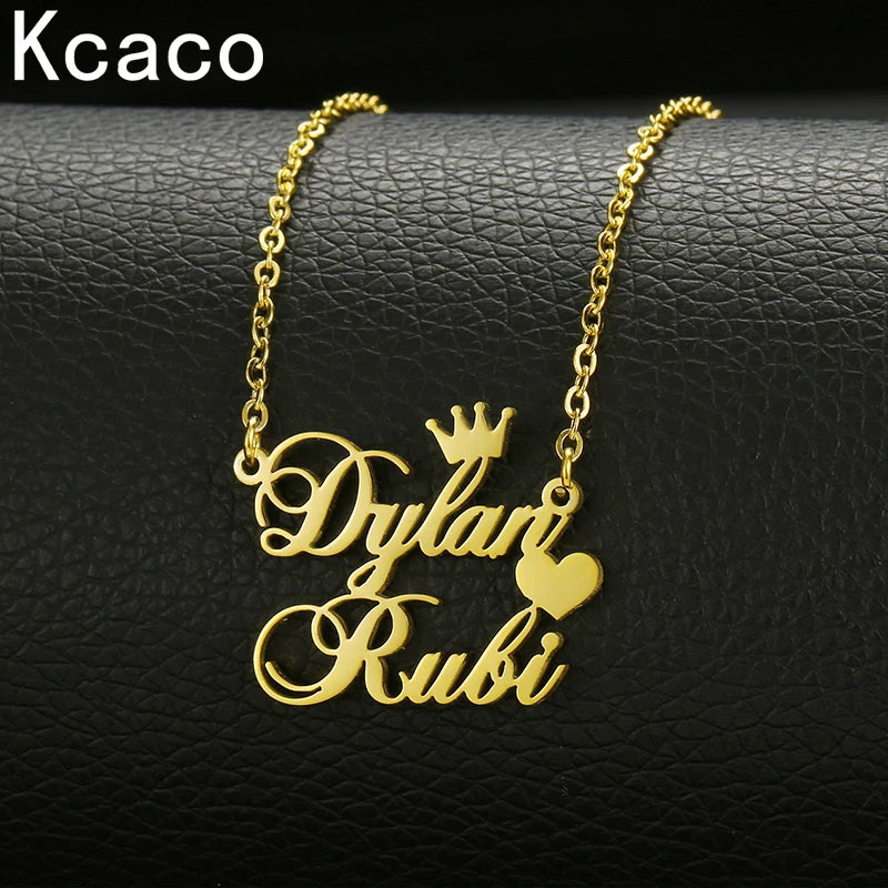 Custom Stainless Steel Double Name Heart Necklace with Crown for Women