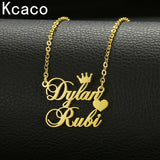 Custom Stainless Steel Double Name Heart Necklace with Crown for Women