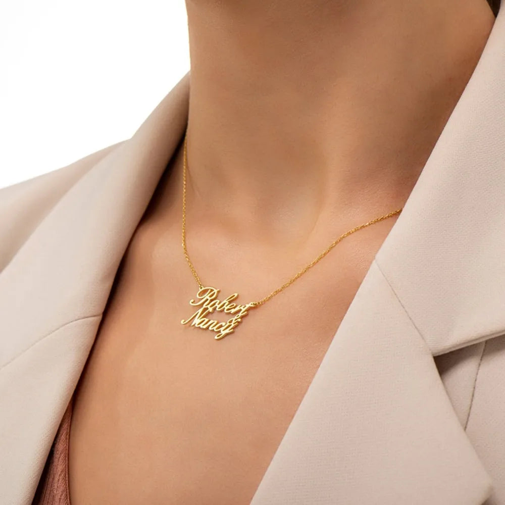 Double Names Pendant Necklace Stainless Steel Nameplate Link Chain