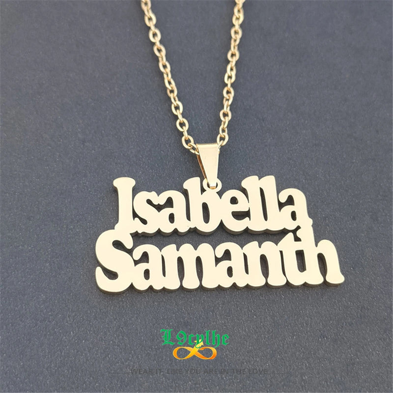 Double Names Pendant Necklace Stainless Steel Nameplate Link Chain