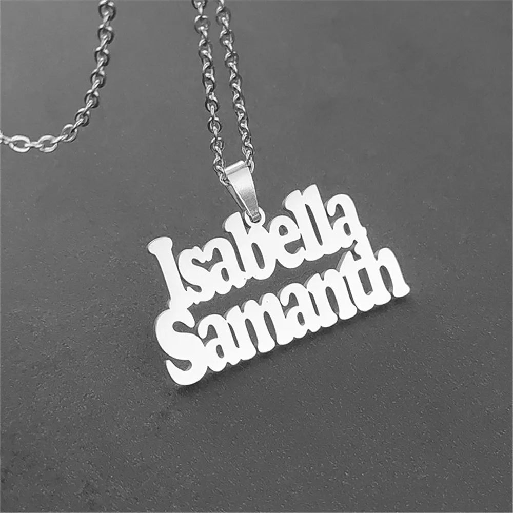Double Names Pendant Necklace Stainless Steel Nameplate Link Chain