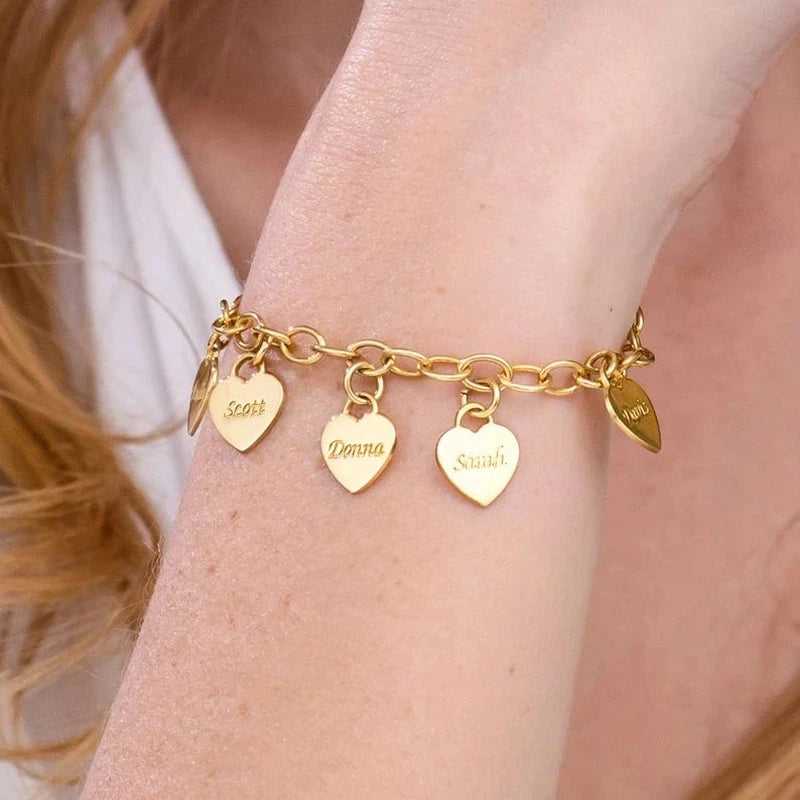 Engraved Heart Pendant & Family Name Bracelets Stainless Steel Love Gift