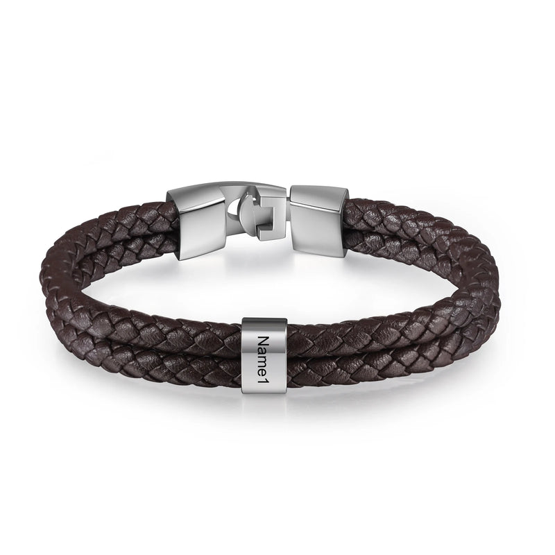 Engraved Name Bead Bracelets Men Personalized Brown Leather Bracelet