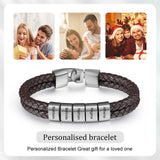 Engraved Name Bead Bracelets Men Personalized Brown Leather Bracelet