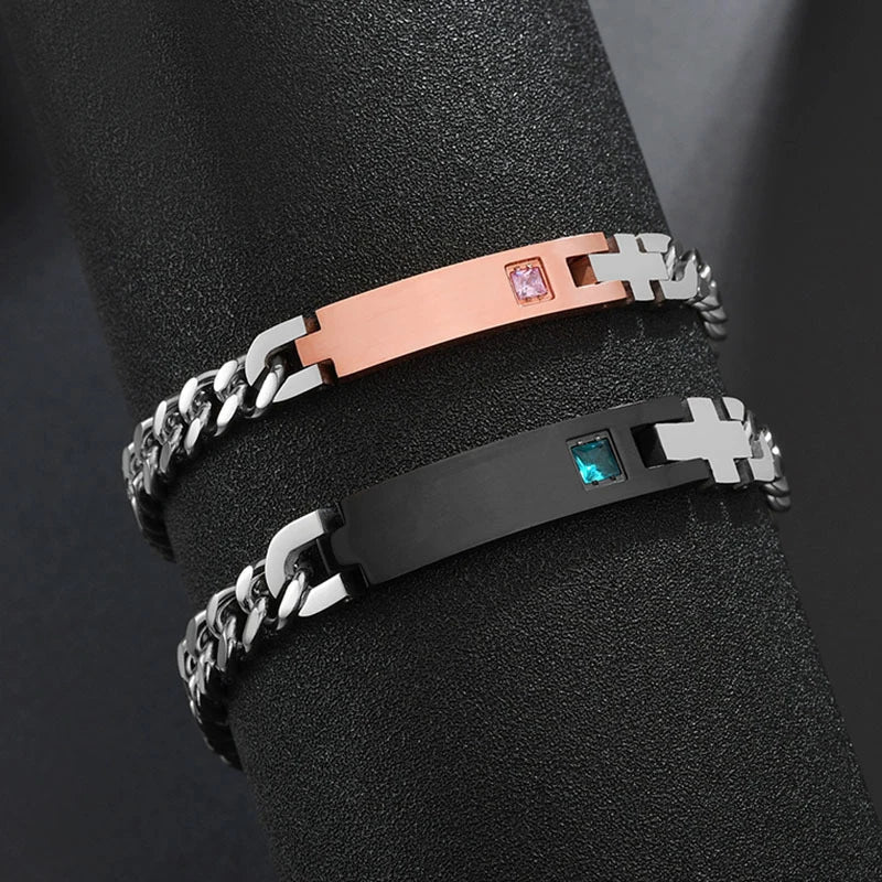 Engraved Nameplate Couple Bracelet Stainless Steel Thick Cuban Chain Pair