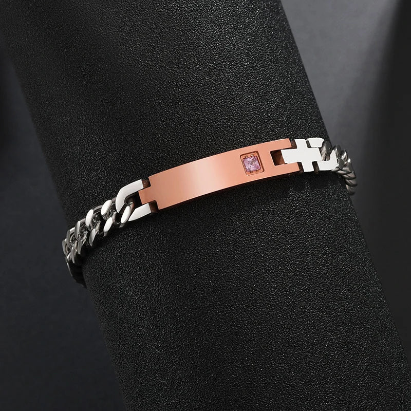 Engraved Nameplate Couple Bracelet Stainless Steel Thick Cuban Chain Pair