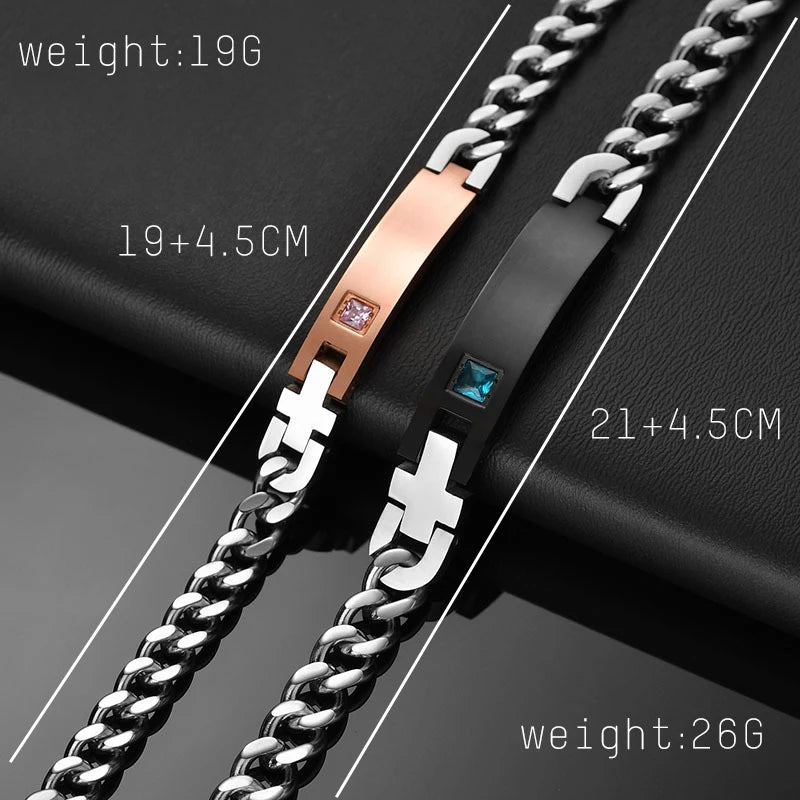 Engraved Nameplate Couple Bracelet Stainless Steel Thick Cuban Chain Pair