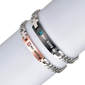 Engraved Nameplate Couple Bracelet Stainless Steel Thick Cuban Chain Pair