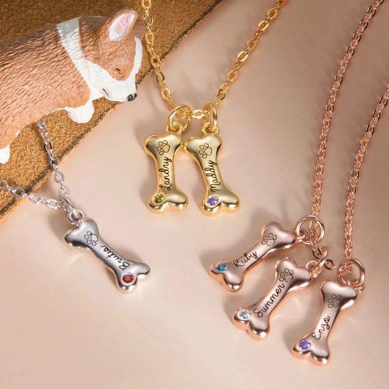 Personalized Dog Bone Necklace with up to 8 Names Birthstone Pendant
