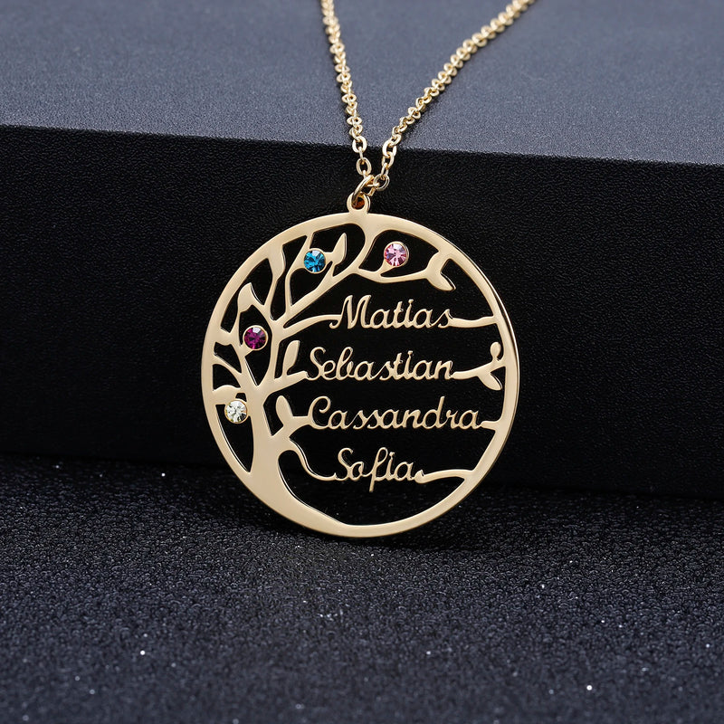 Family Tree Name Necklace Diamond Birthstone Nameplate Stainless Steel