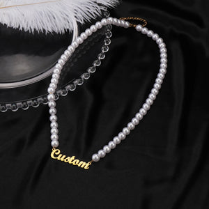 Custom Stainless Steel Name Necklace for Women with Pearl Chain Choker