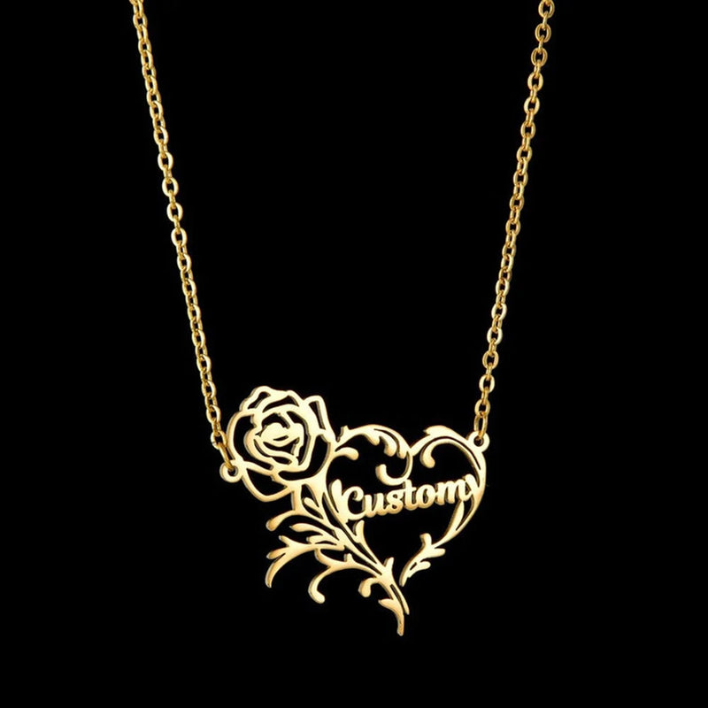 Hollow Rose Flower Name Necklace Personalized Stainless Steel Women's Jewelry